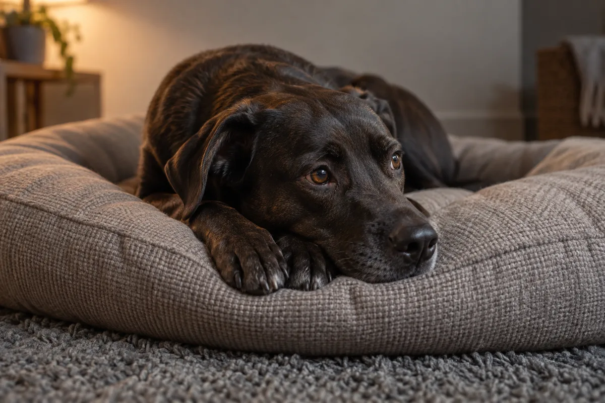 Chien couché dans son panier, tête posée sur les pattes avant, lumière douce d&rsquo;intérieur en fin de journée