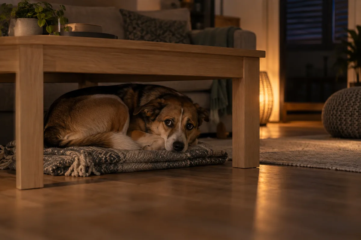 Chien de taille moyenne réfugié sous une table basse un soir d&rsquo;orage, fenêtre sombre et volets mi-clos en arrière-plan