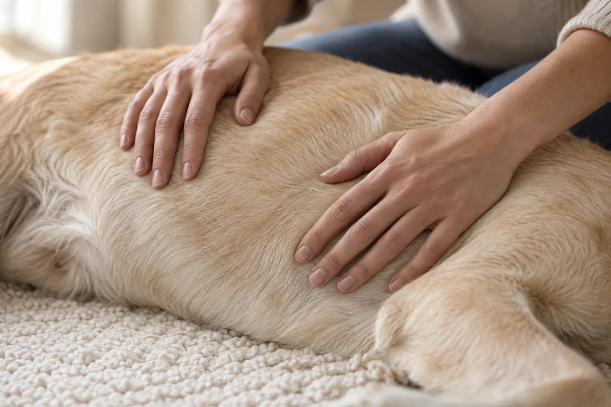 Mains d&rsquo;un propriétaire posées à plat sur le flanc d&rsquo;un chien allongé sur un tapis clair, cadrage rapproché
