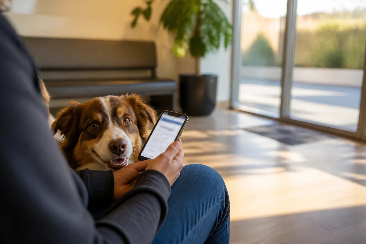 Mains tenant un téléphone allumé de dos près d&rsquo;un chien assis dans une salle d&rsquo;attente claire