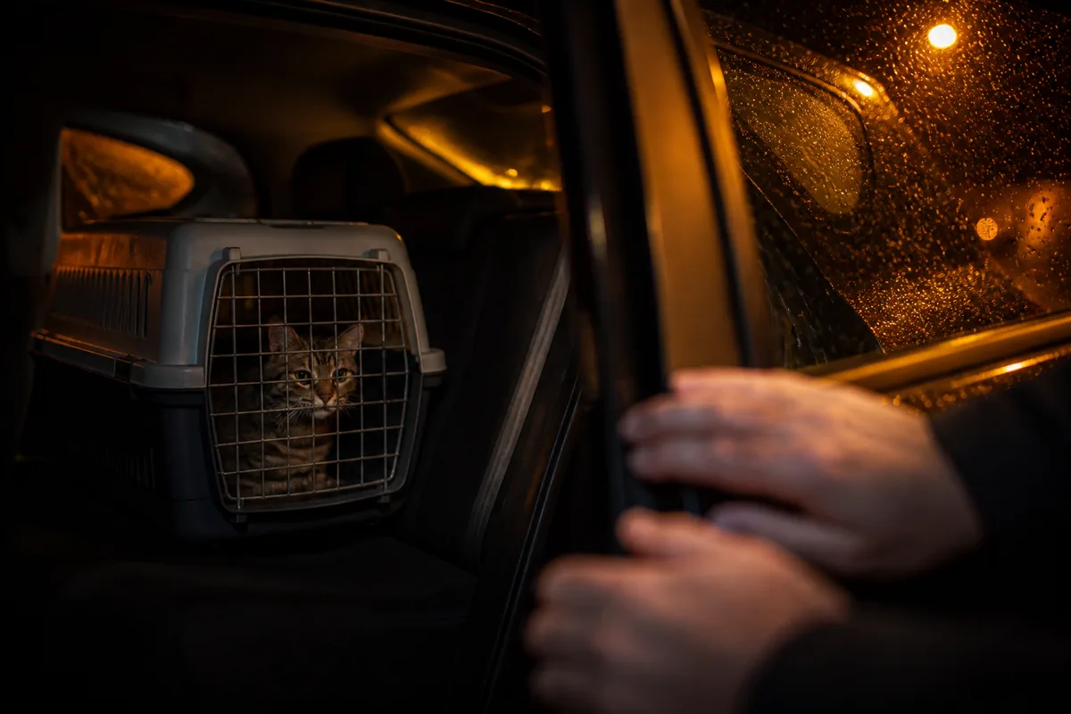 Chat dans une caisse de transport posée sur une banquette de voiture, éclairage nocturne doux