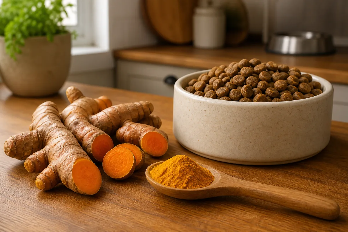 Racine et poudre de curcuma posées près de la gamelle d&rsquo;un chien