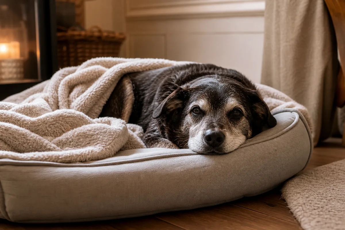 Chien senior allongé sur une couverture moelleuse dans un coin douillet