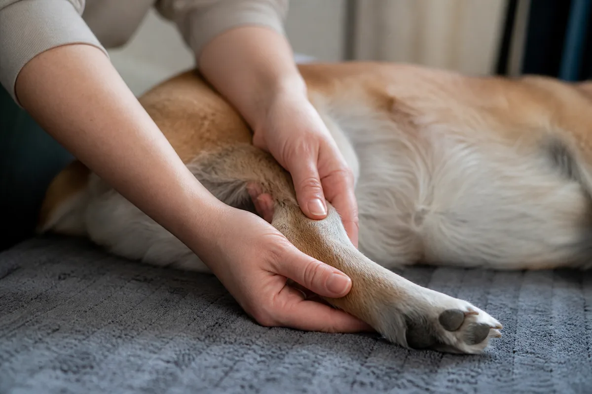 Mains massant doucement la patte arrière d&rsquo;un chien couché