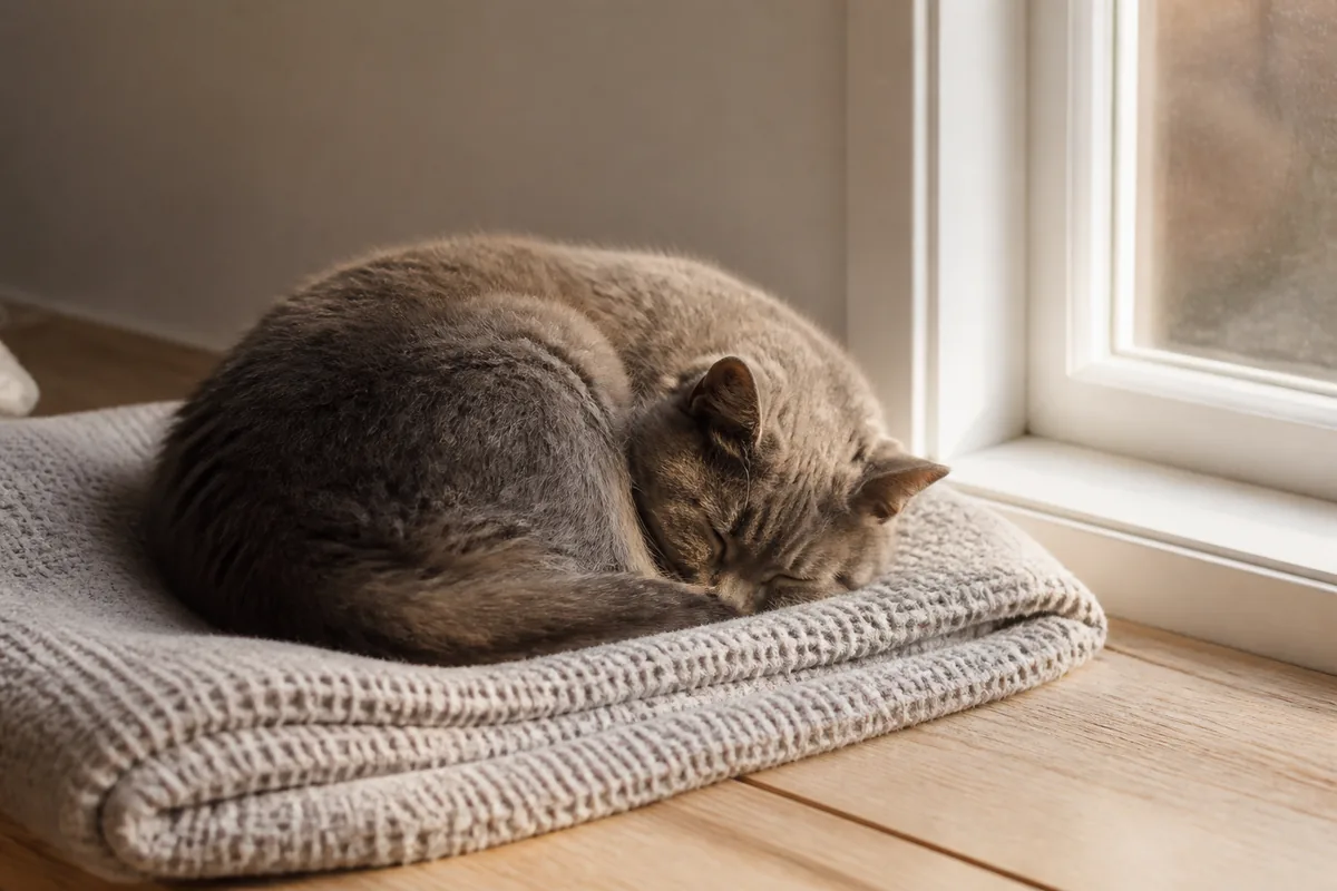 Chat au pelage gris couché sur un plaid en laine près d’une fenêtre lumineuse