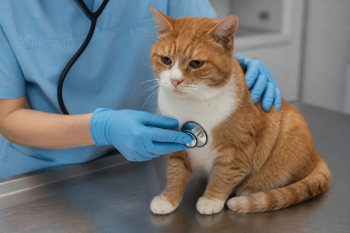 Vétérinaire en blouse examinant un chat calme posé sur une table d’auscultation