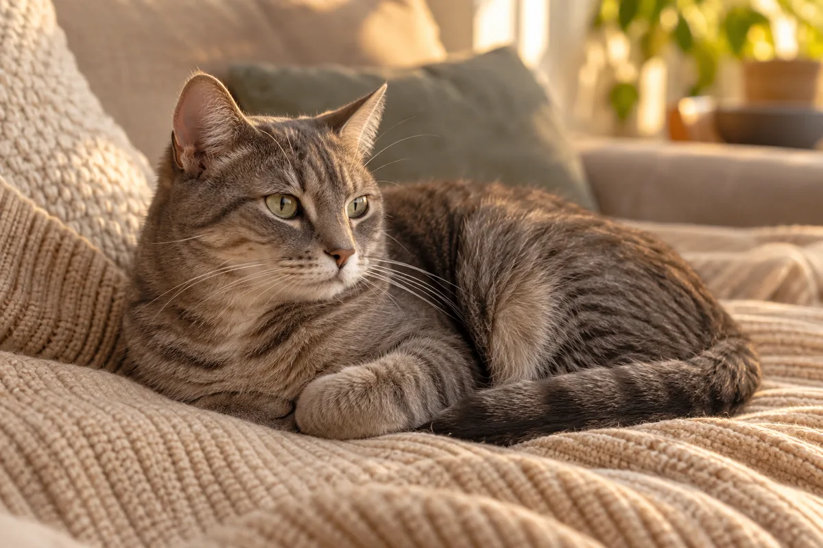 Chat tigré couché sur une couverture claire, une patte avant repliée contre lui