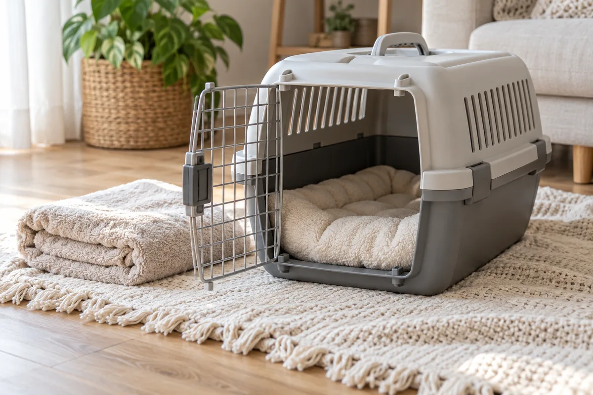 Caisse de transport pour chat ouverte sur un plaid, serviette pliée à côté