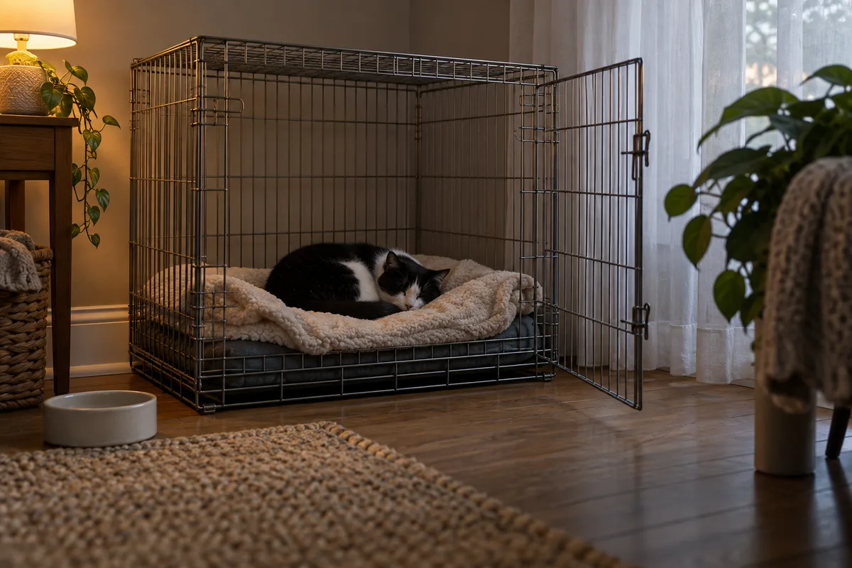 Chat au repos dans une cage de convalescence, couverture moelleuse et gamelle au sol