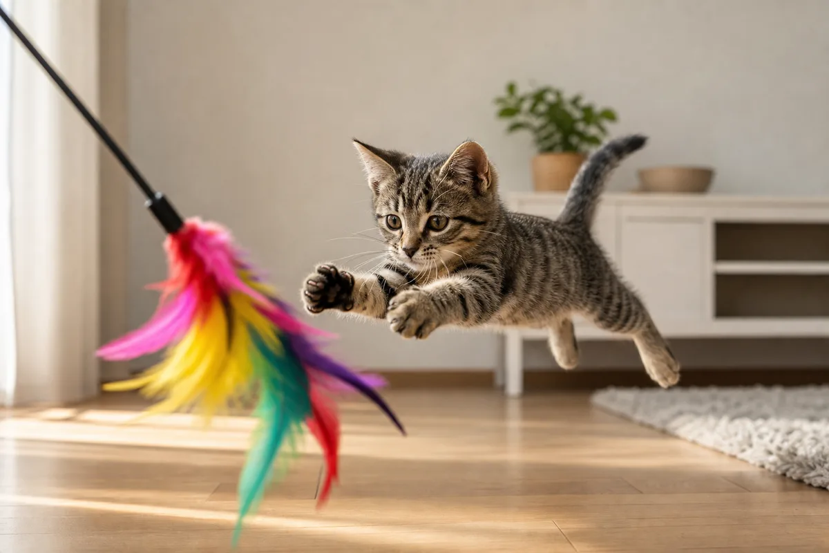 Chaton tigré en pleine séance de jeu avec une canne à pêche à plumes dans un salon lumineux