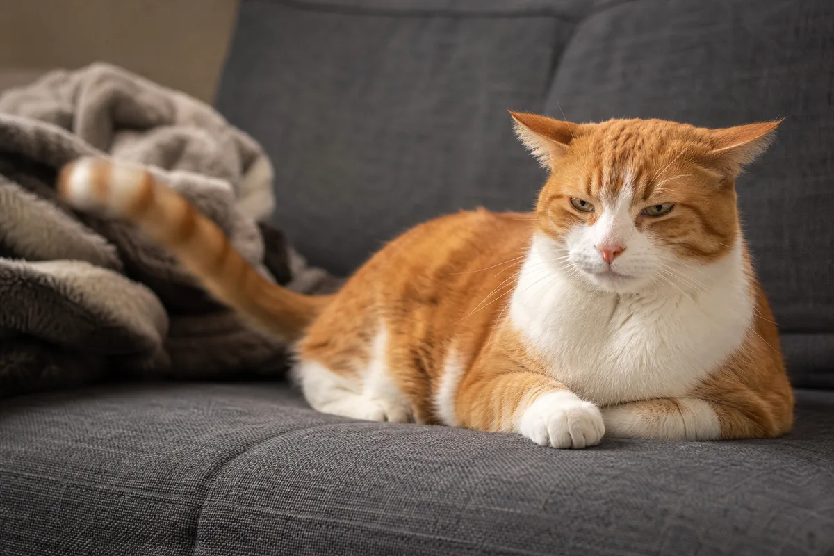 Chat adulte sur un canapé, oreilles pivotées vers l’arrière et queue en mouvement, signaux d’inconfort