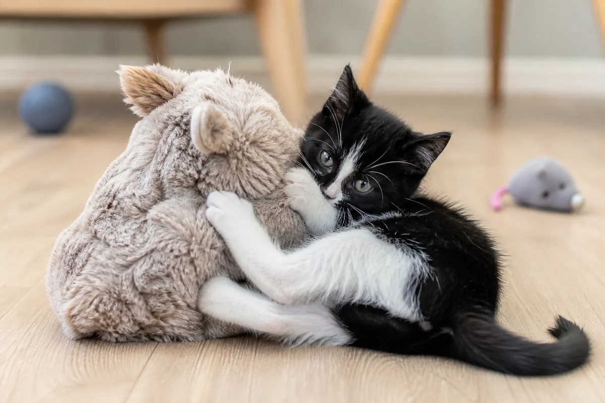 Chaton mordillant un jouet en peluche adapté, posé sur un parquet clair