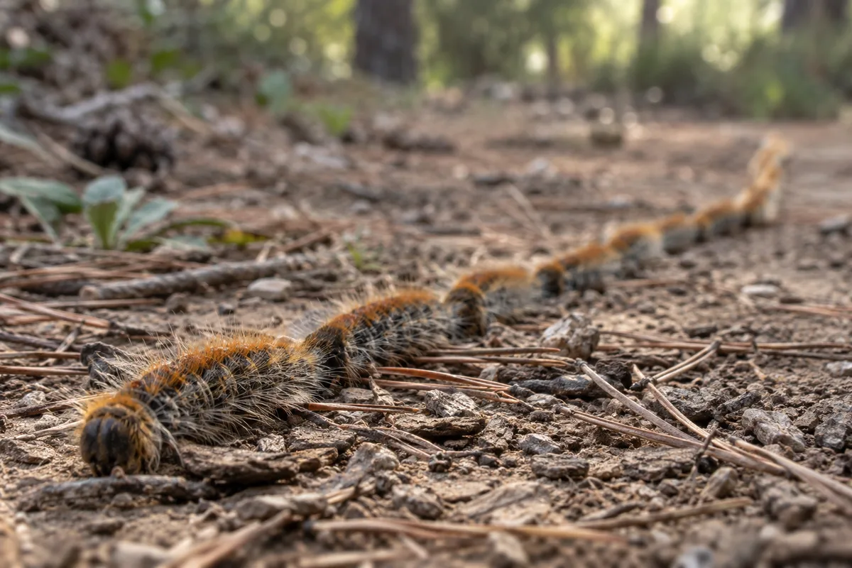 File de chenilles processionnaires avançant au ras du sol sur des aiguilles de pin