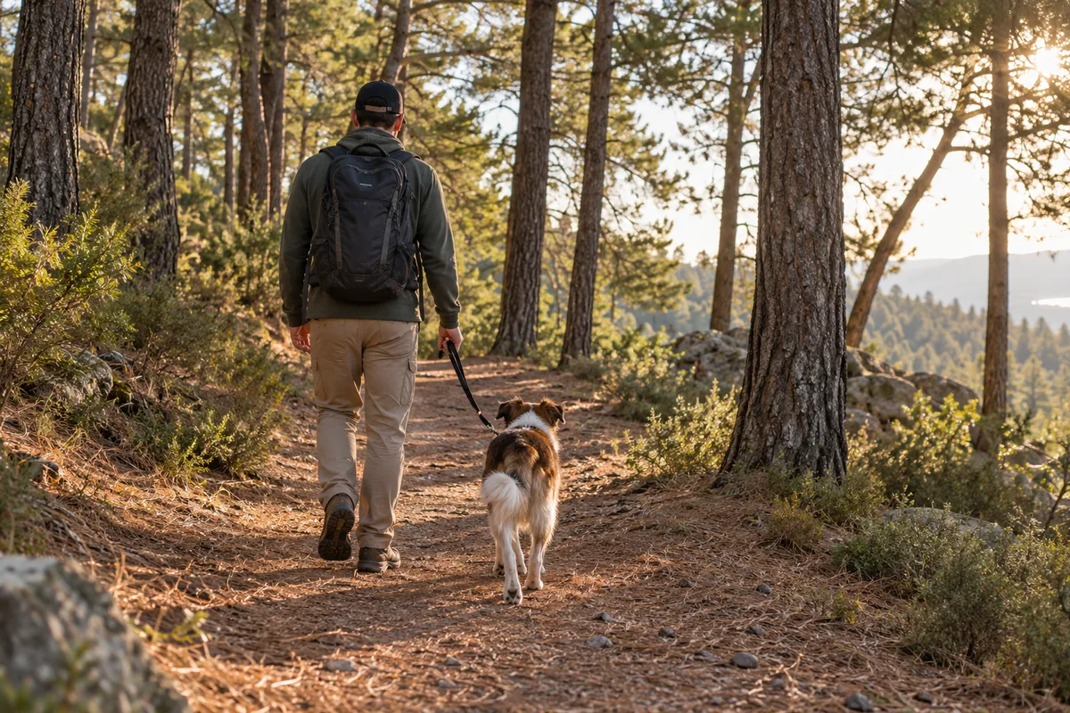 Chien tenu en laisse courte sur un sentier de pinède