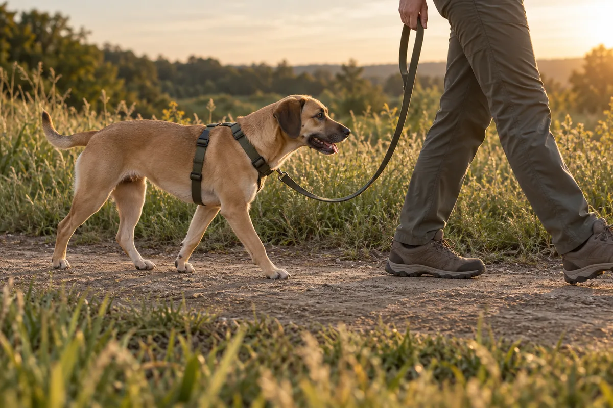 Chien de taille moyenne marchant au pied sur un chemin de campagne, laisse détendue, vue de profil au ras du sol