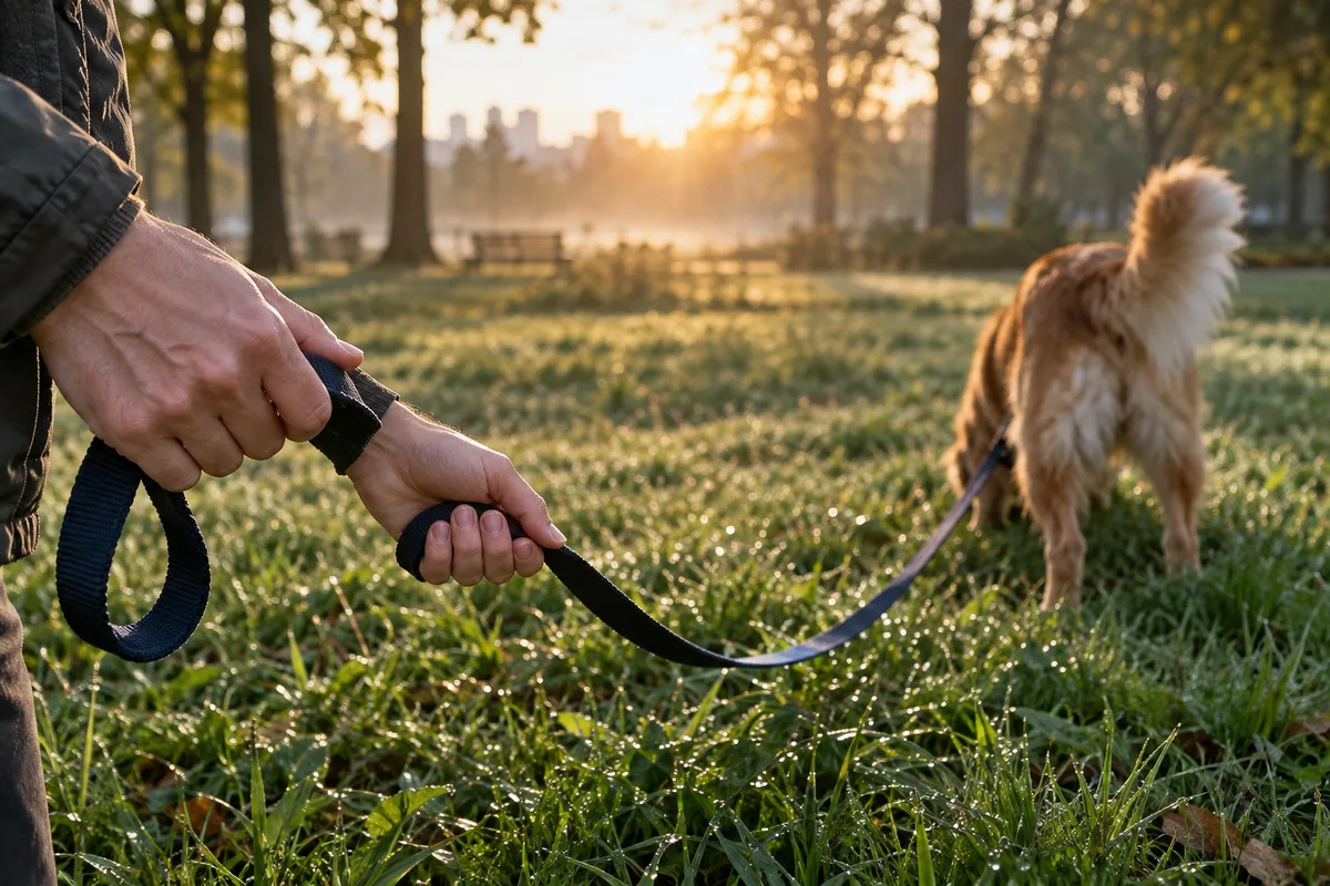 Mains d&rsquo;un promeneur tenant une laisse souple tandis qu&rsquo;un chien renifle l&rsquo;herbe d&rsquo;un parc au petit matin