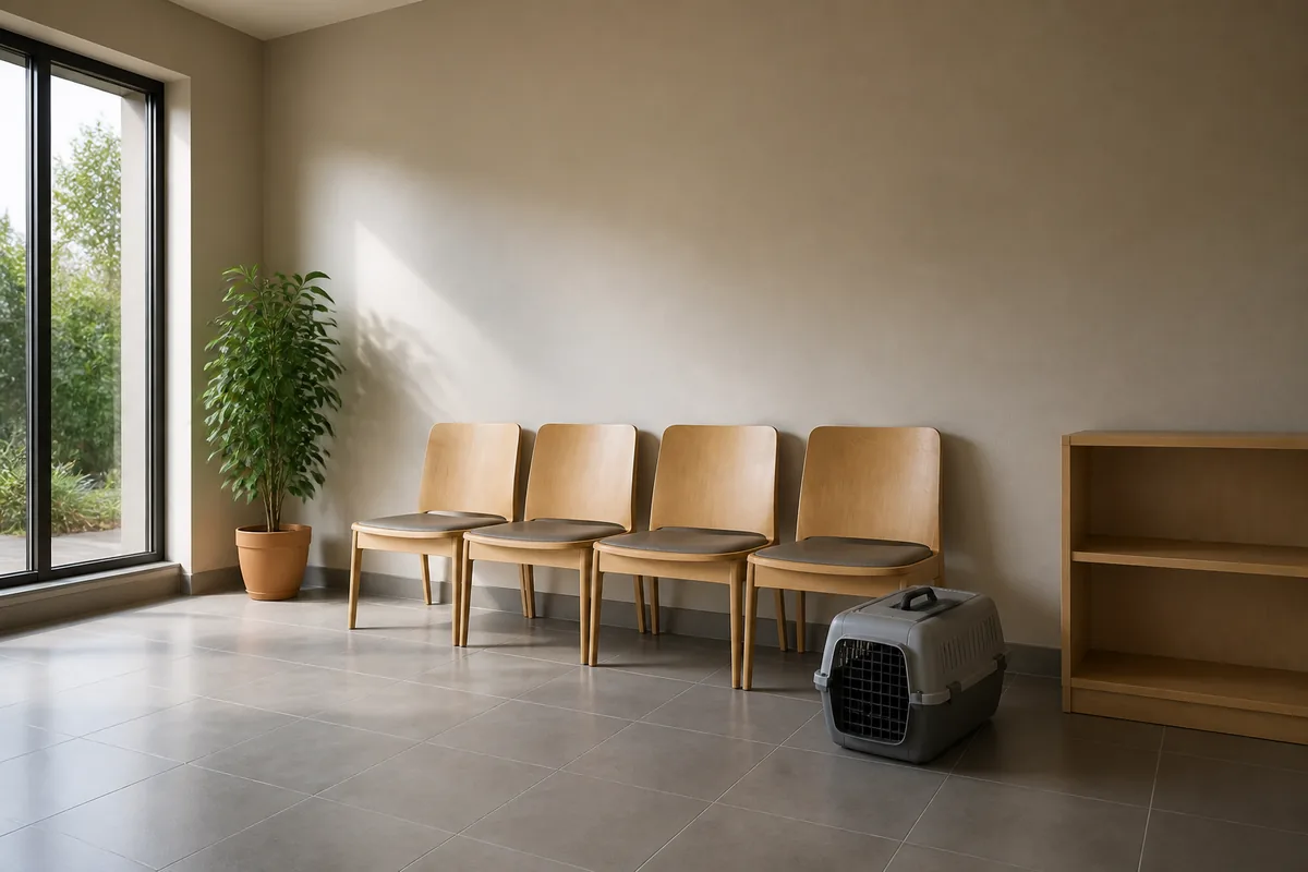 Salle d’attente de clinique vétérinaire lumineuse avec sièges alignés et sol lisse