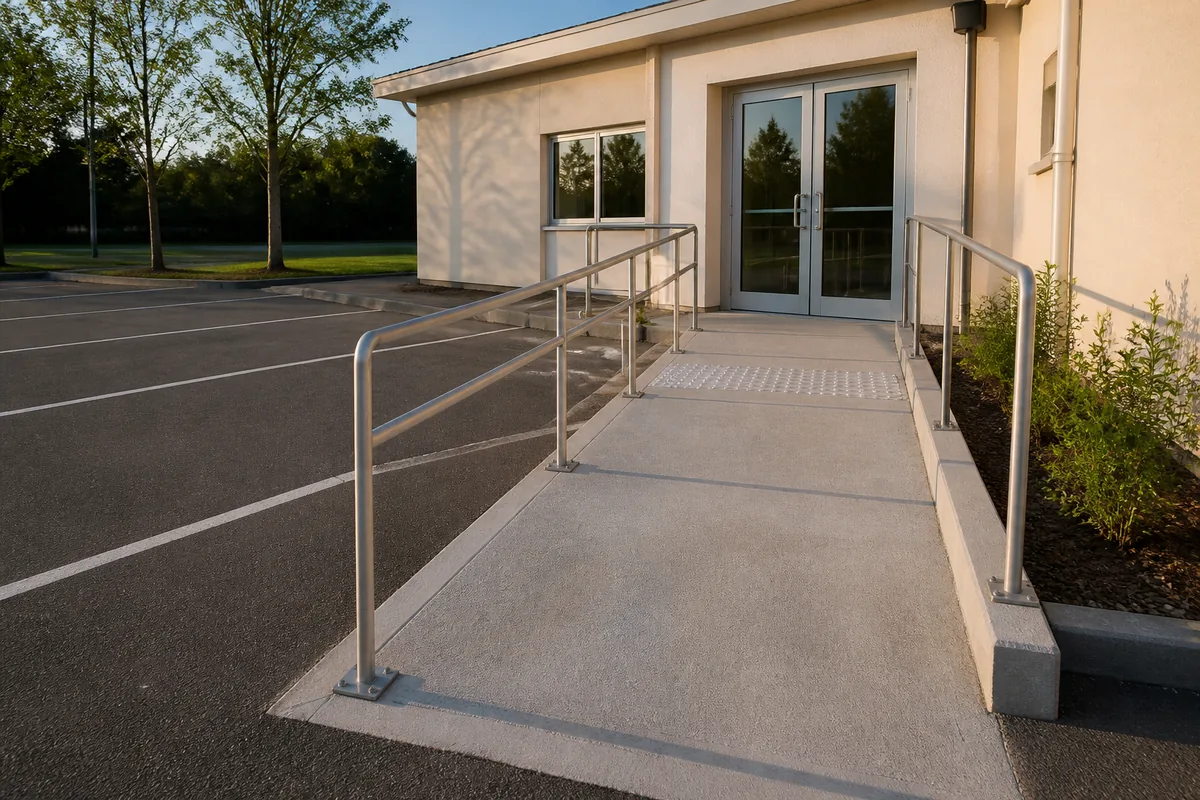 Rampe d’accès bordée d’une main courante métallique devant une porte vitrée de plain-pied