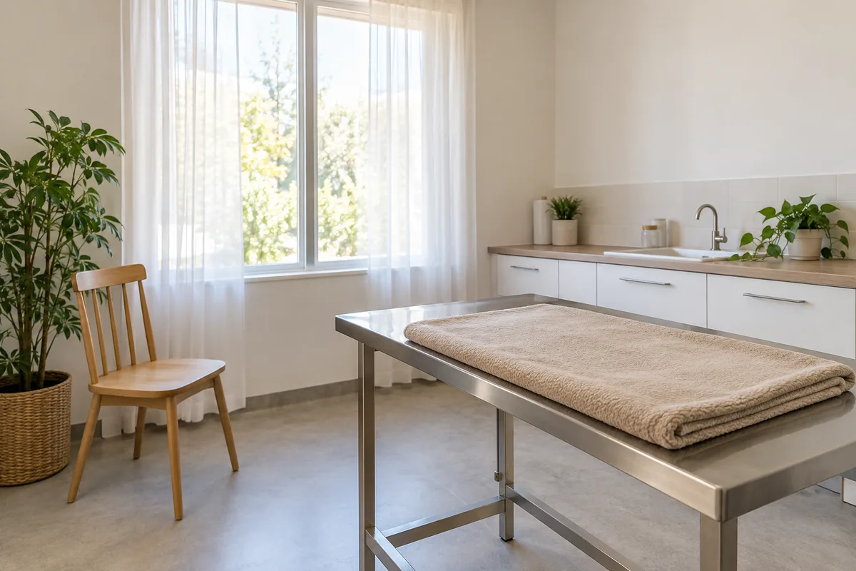Salle de consultation vétérinaire claire et vide, table d&rsquo;examen en inox couverte d&rsquo;une couverture beige pliée près d&rsquo;une fenêtre voilée
