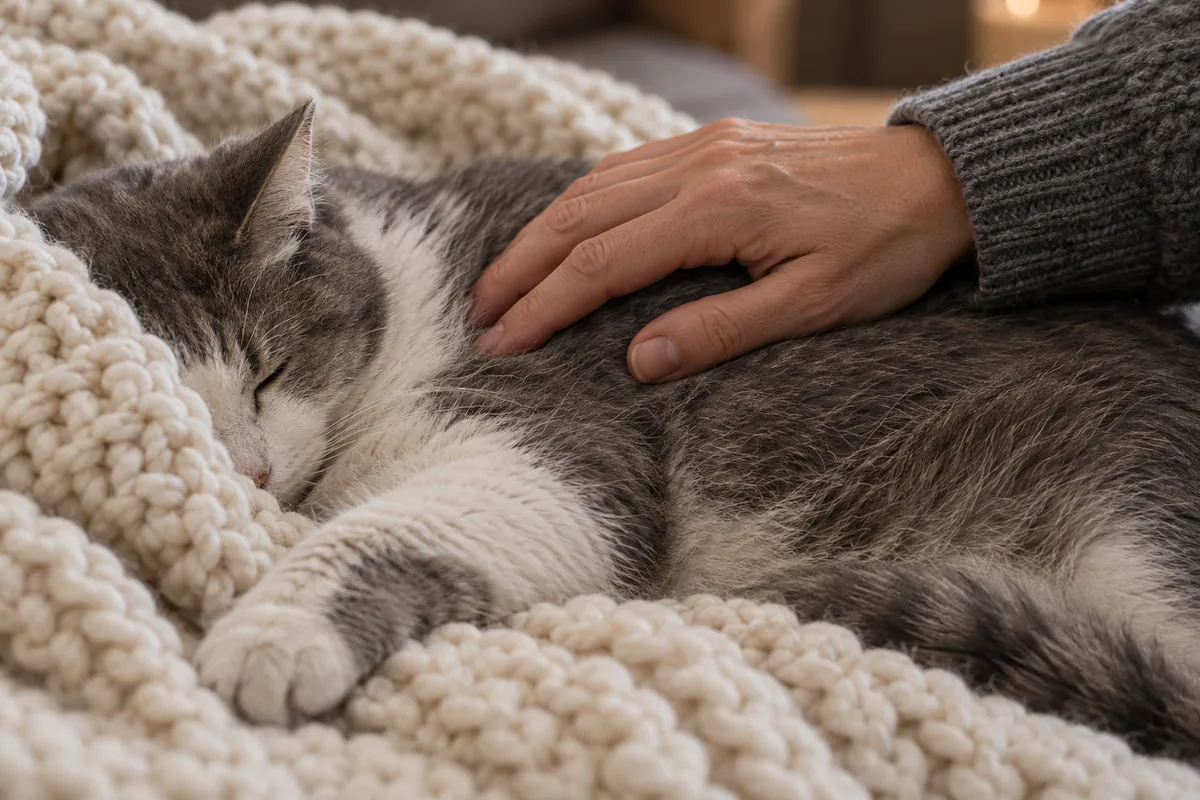 Main posée sur le flanc d&rsquo;un chat gris et blanc endormi dans un plaid en grosse maille crème