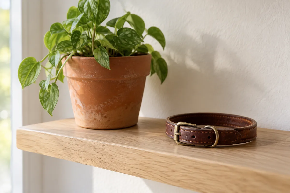 Collier de chat en cuir brun posé sur une étagère en bois clair, à côté d&rsquo;une plante en pot de terre cuite