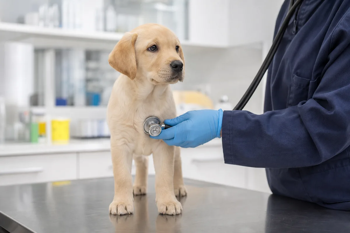 Chiot labrador beige assis sur une table d&rsquo;examen en inox pendant une auscultation vétérinaire