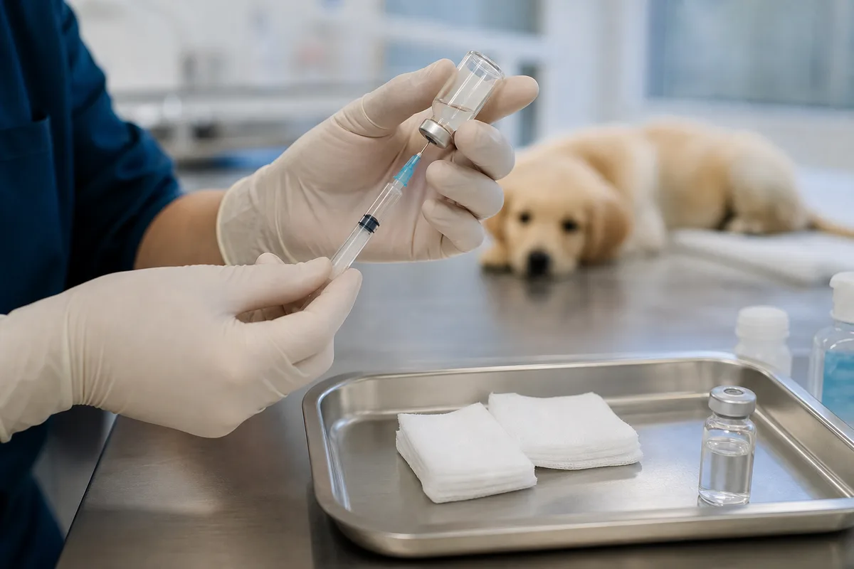 Vétérinaire préparant une seringue de vaccin sur une paillasse de cabinet, chiot flou en arrière-plan