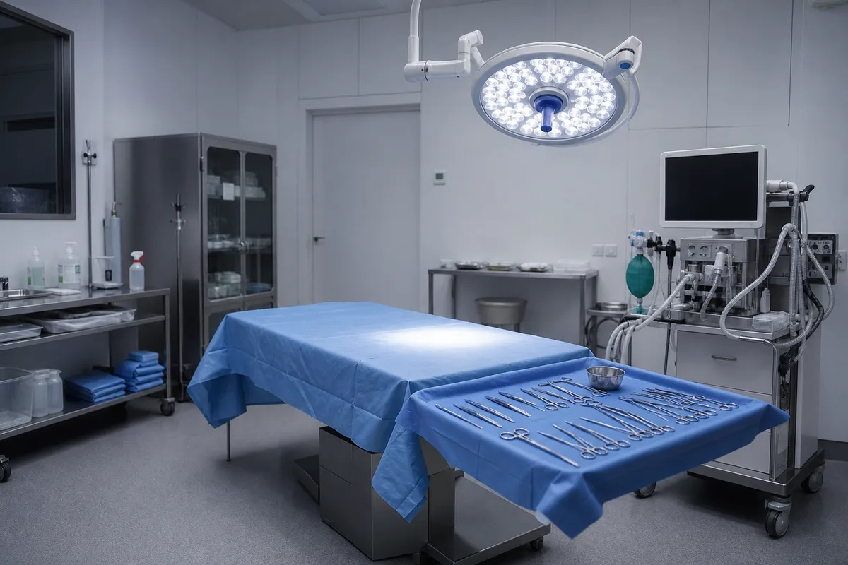 Bloc opératoire vétérinaire préparé avec champs stériles et instruments chirurgicaux alignés