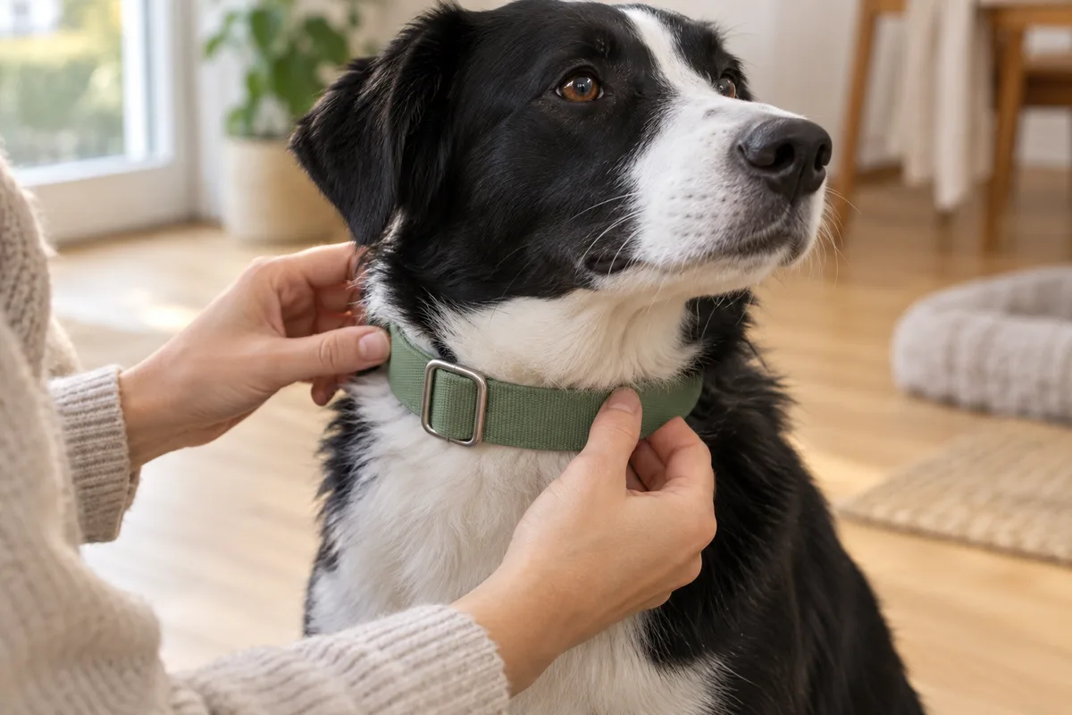Mains qui ajustent un collier uni vert sauge sur le cou d&rsquo;un chien assis paisiblement