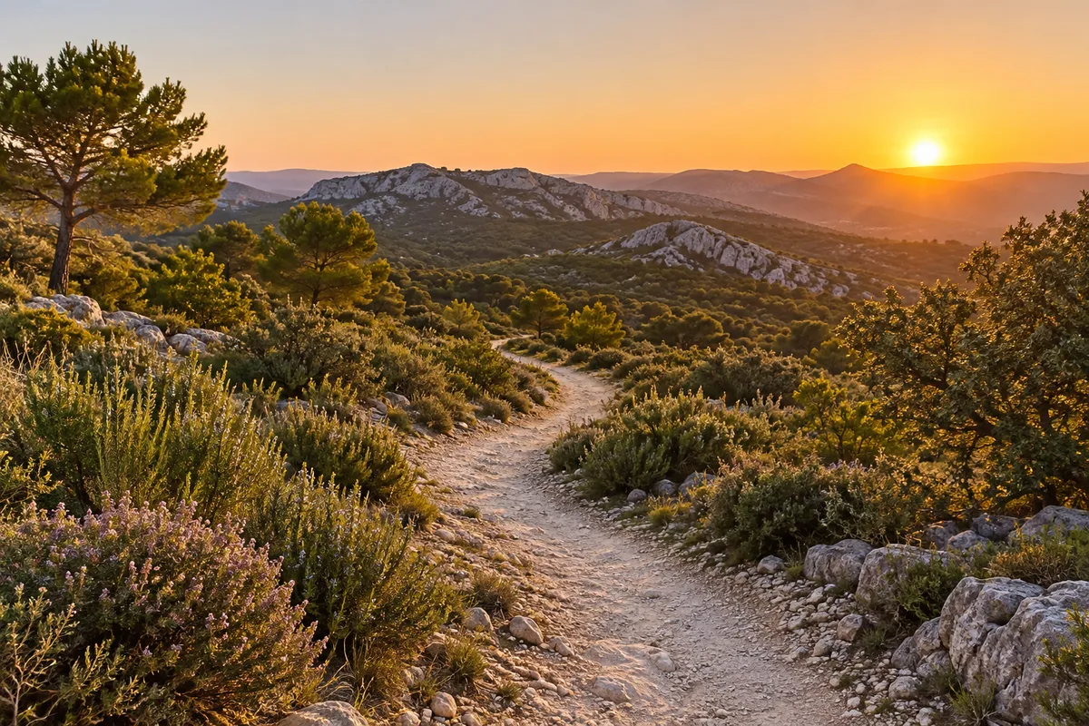 Chemin de terre qui traverse la garrigue provençale au coucher du soleil, collines calcaires au loin