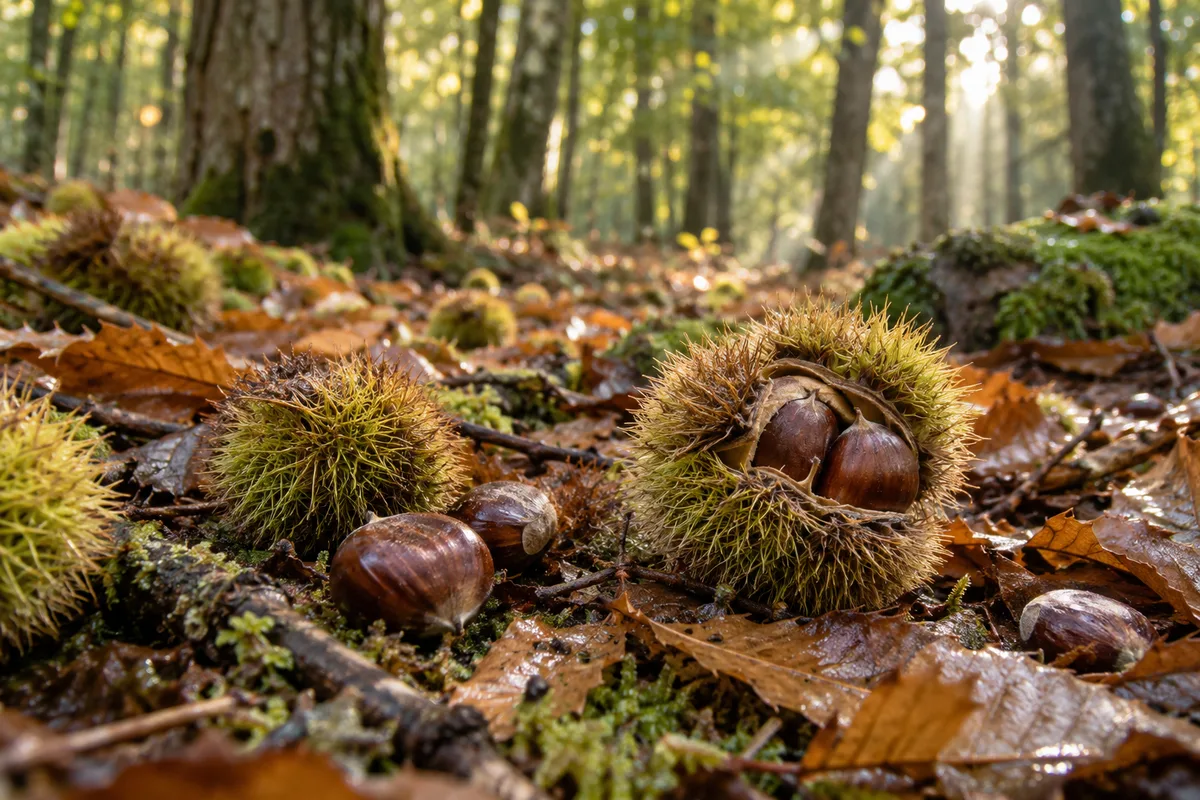 Bogues de châtaignes hérissées et châtaignes brunes sur le sol d’un sous-bois