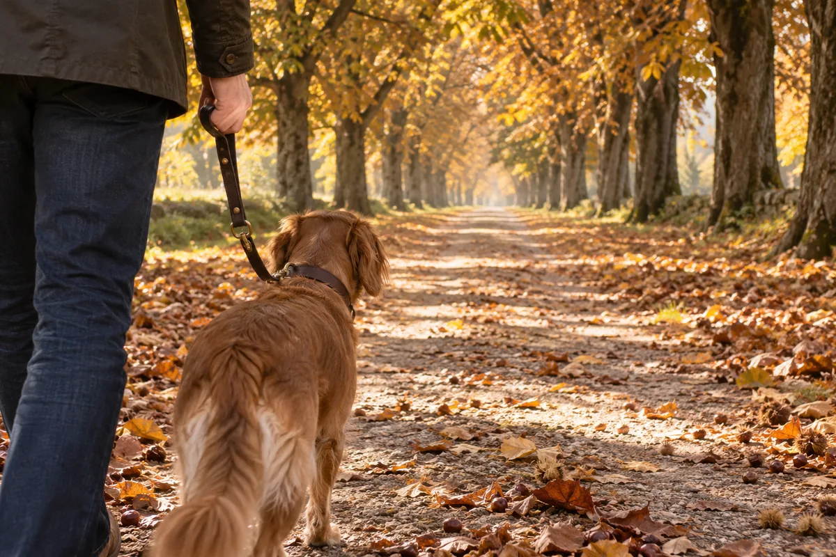 Main tenant une laisse et chien marchant au pied dans une allée de marronniers en automne, vu de dos