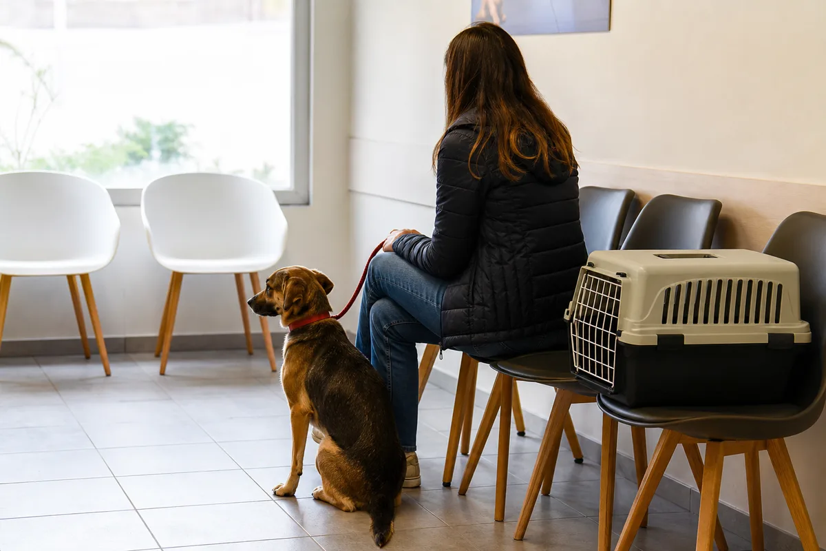Salle d&rsquo;attente d&rsquo;une clinique vétérinaire avec une propriétaire et son chien