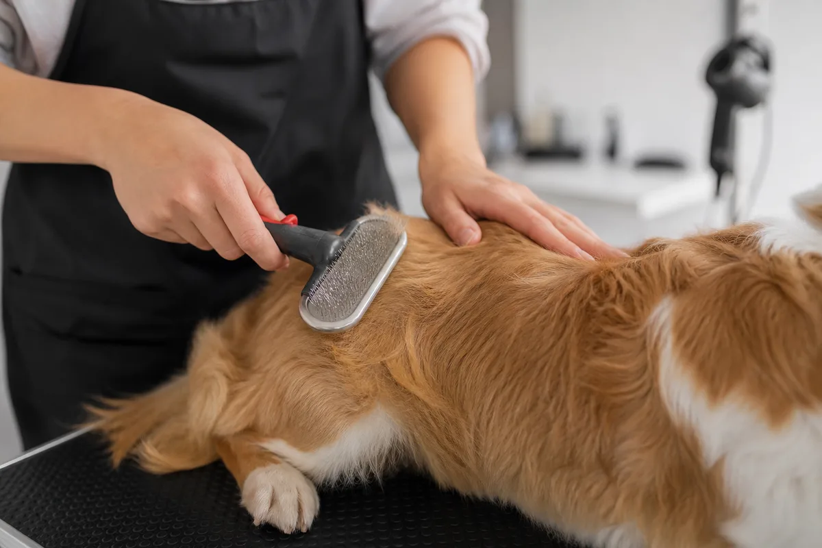 Toiletteur brossant un chien de taille moyenne sur une table de toilettage