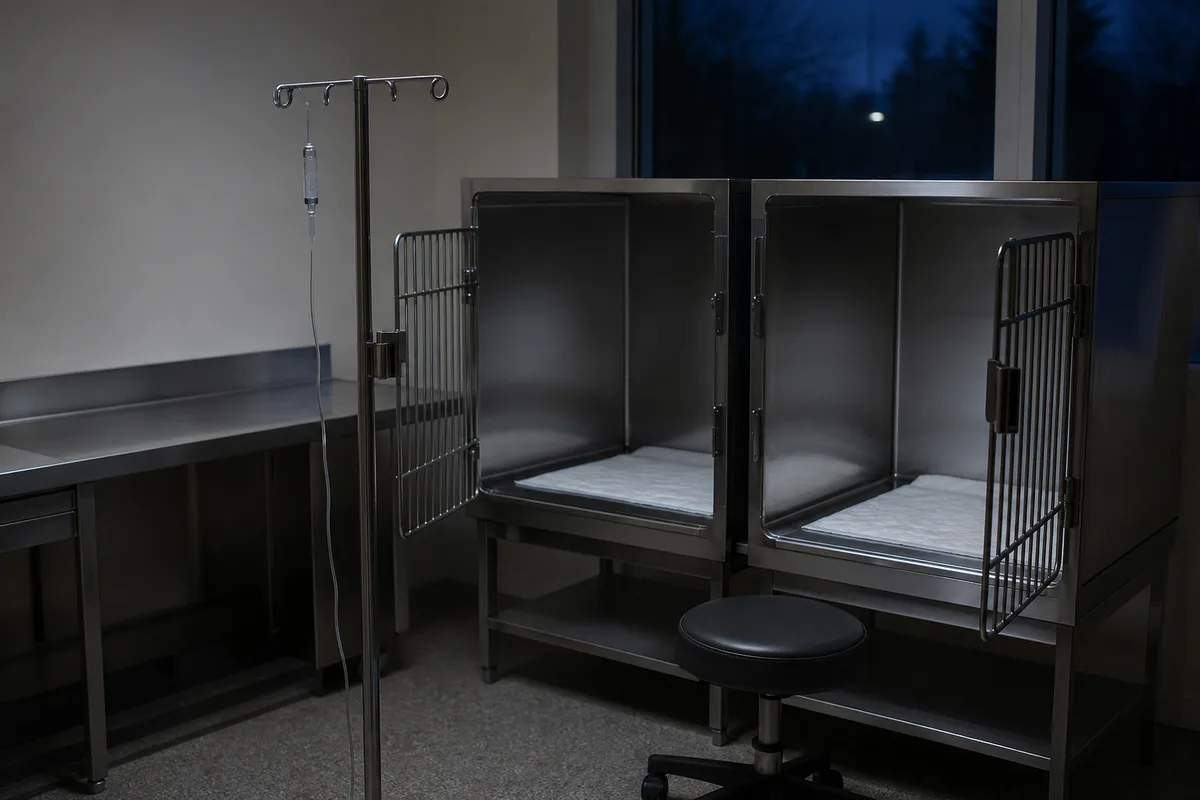 Salle d&rsquo;hospitalisation vétérinaire éclairée faiblement pendant la nuit