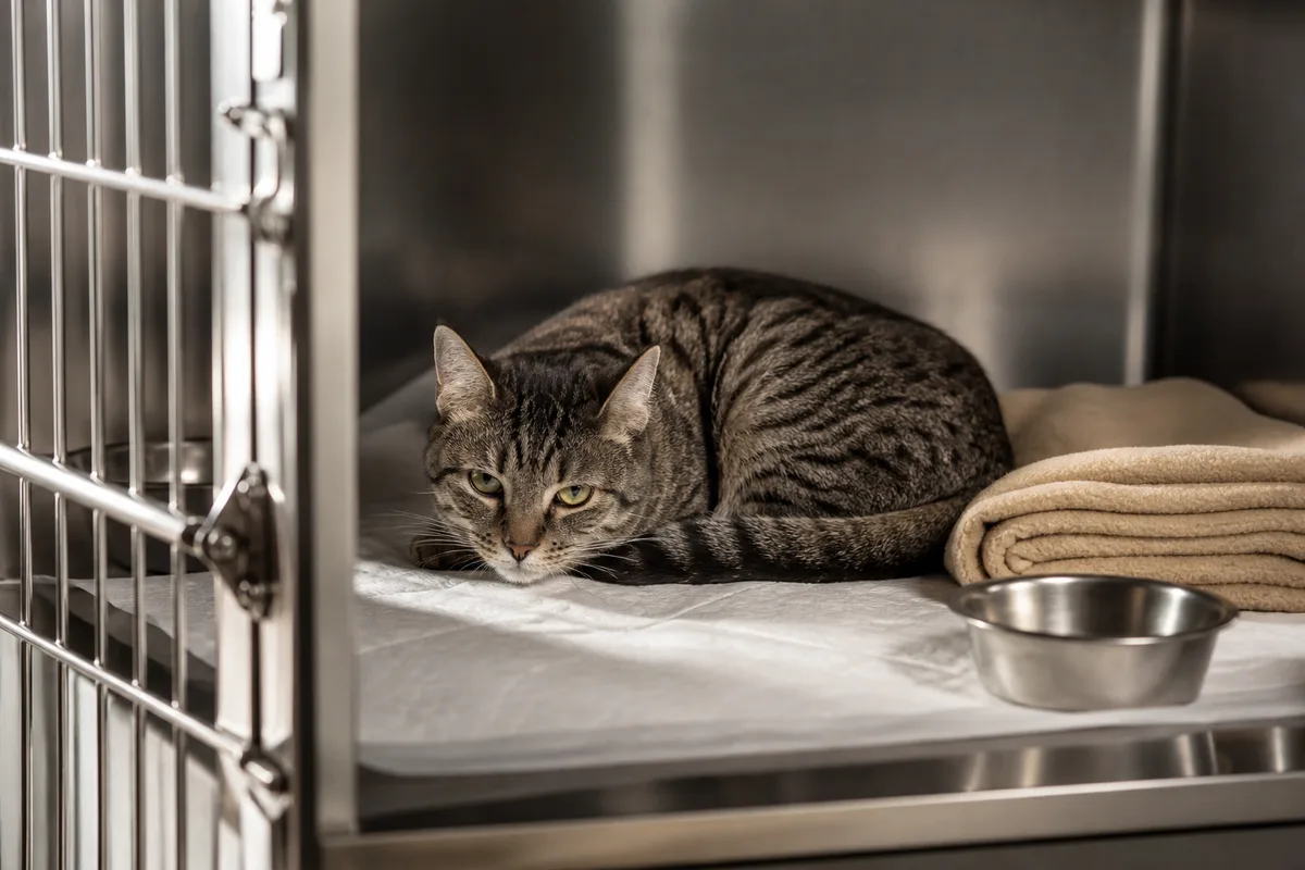 Chat au repos dans une cage médicalisée ouverte garnie d&rsquo;un tapis absorbant
