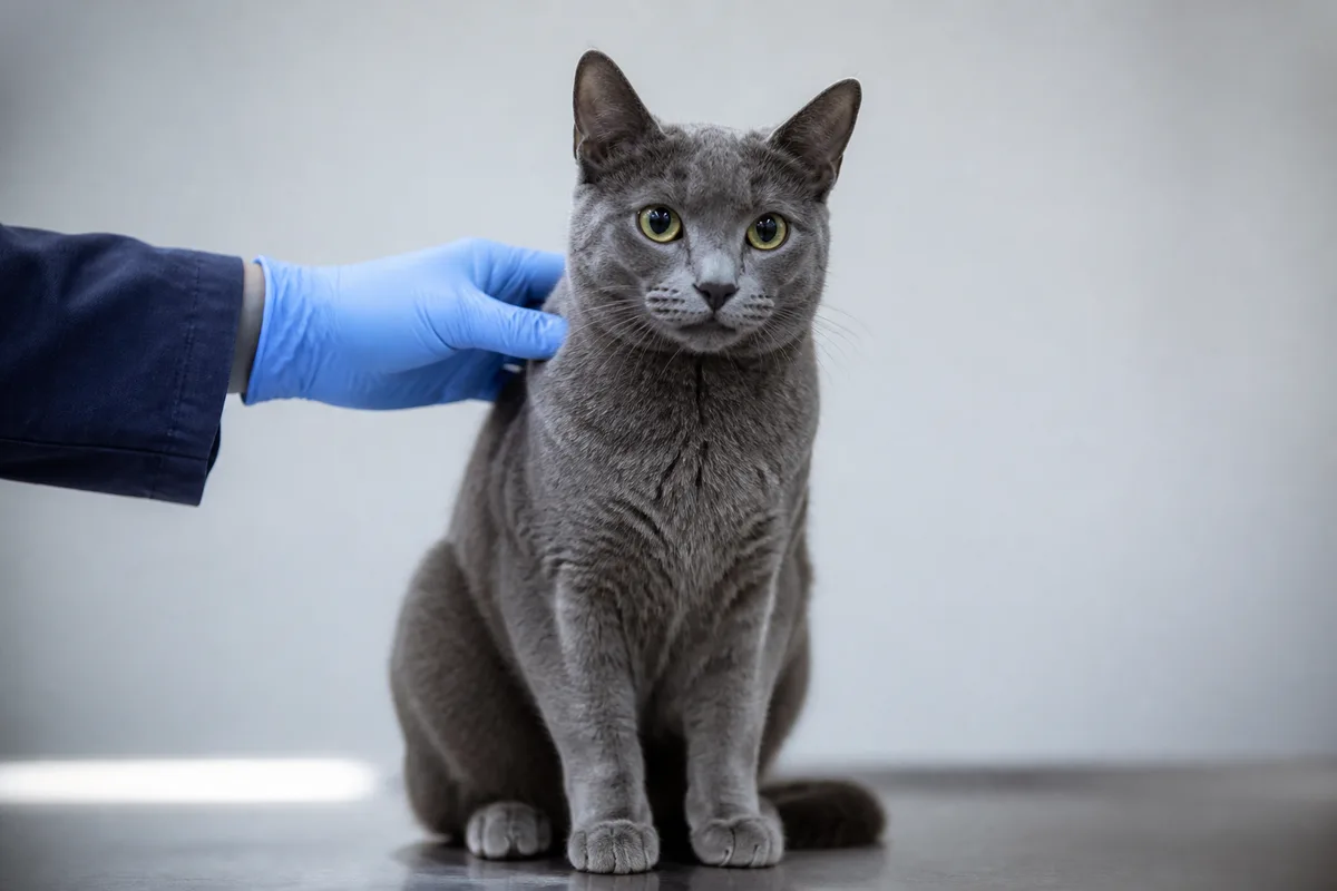 Chat gris assis sur une table d’examen dans un cabinet vétérinaire