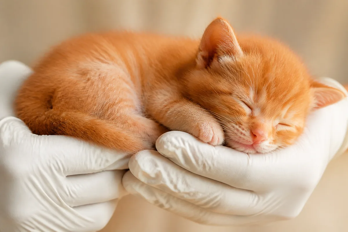 Mains gantées d’un soignant tenant délicatement un chaton roux