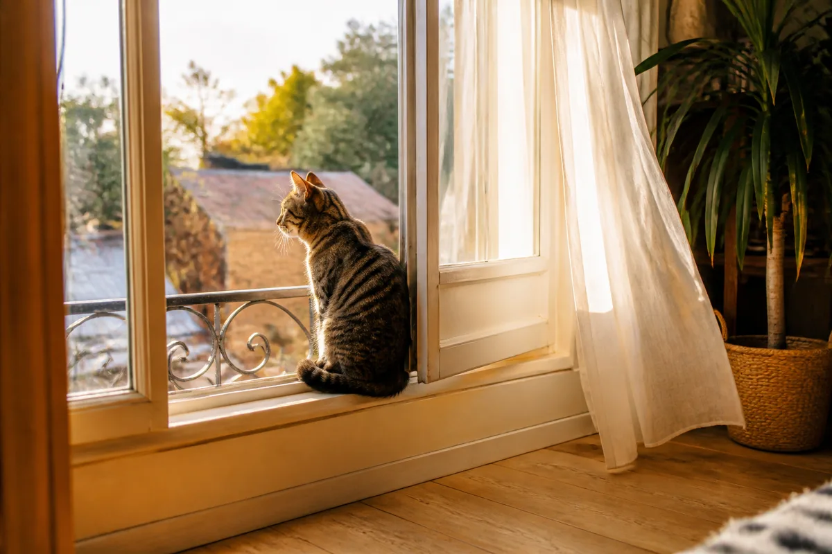 Chat tigré observant par la fenêtre entrouverte d’un salon lumineux