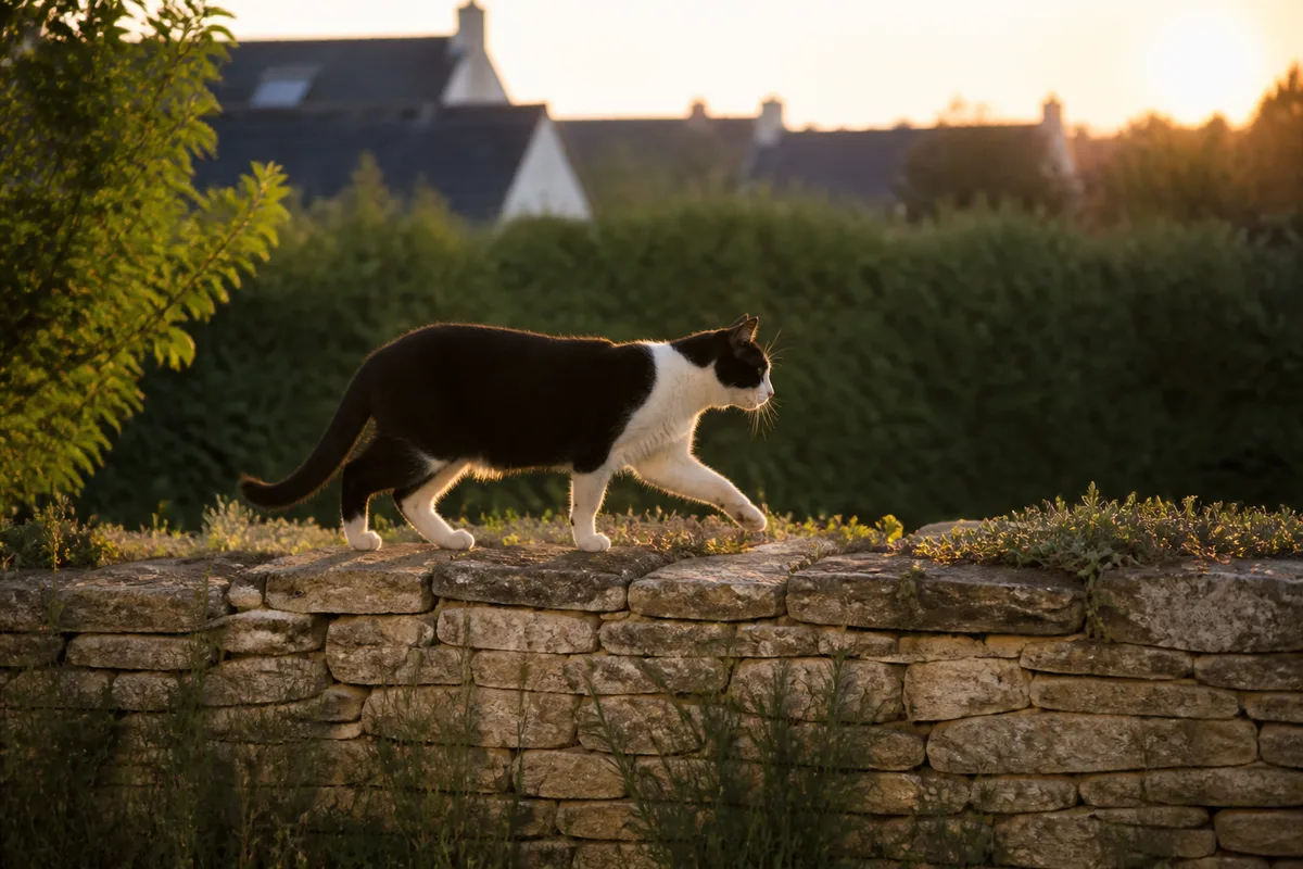Chat noir et blanc marchant sur un muret de pierre au crépuscule