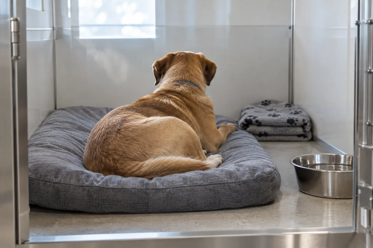 Chien couché sur un coussin dans un box d&rsquo;hospitalisation propre, vu de dos