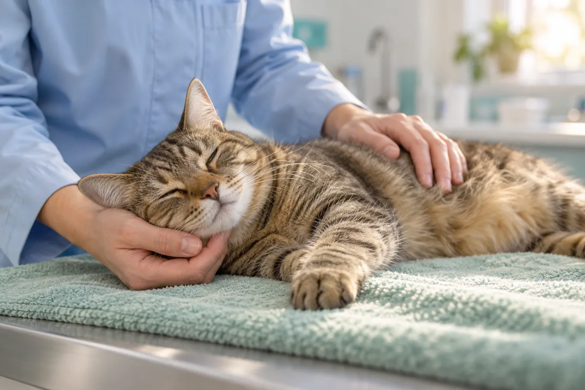 Mains d&rsquo;un soignant caressant un chat paisible allongé sur une serviette de table d&rsquo;examen