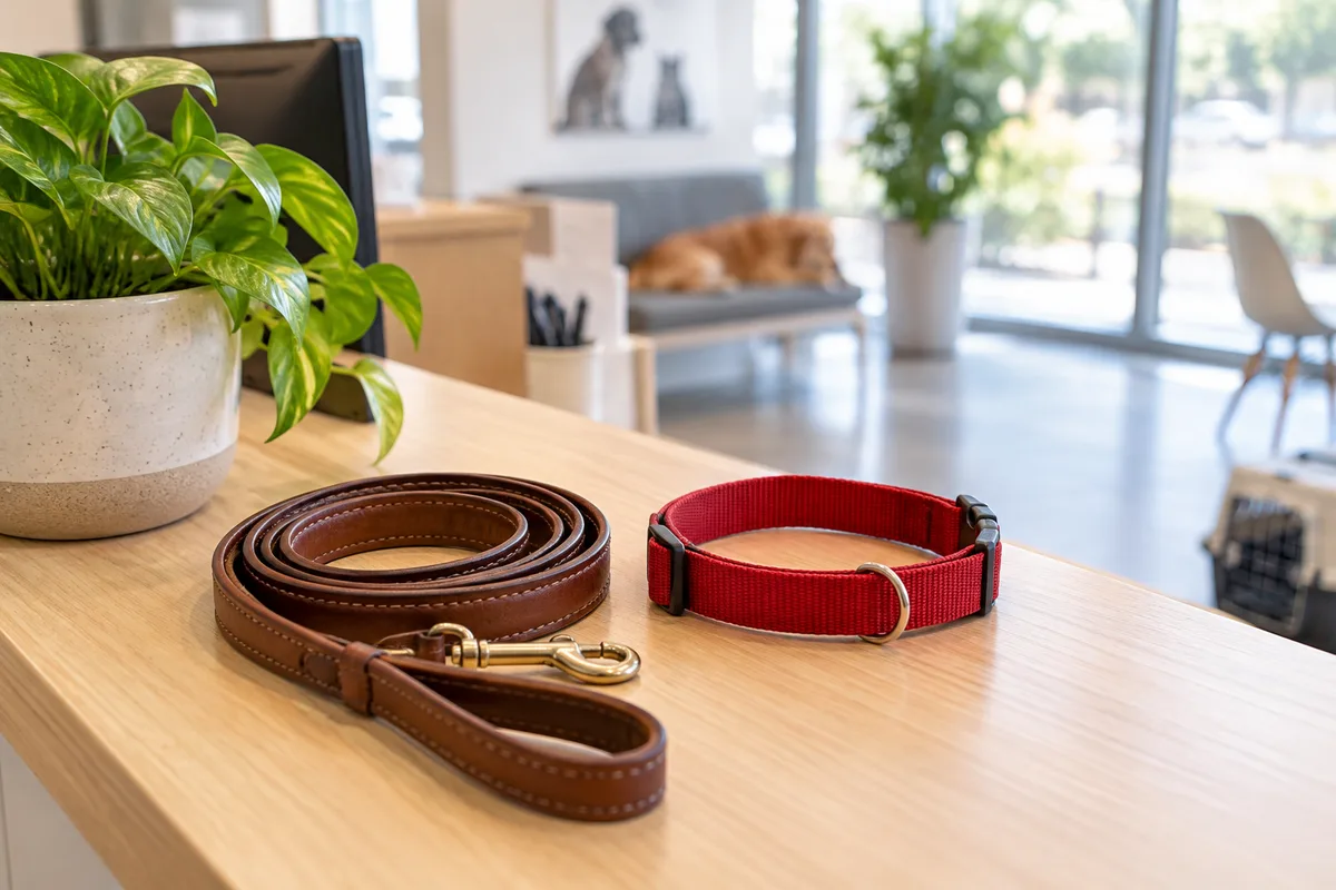 Laisse en cuir et collier posés sur le comptoir d&rsquo;accueil d&rsquo;une clinique vétérinaire
