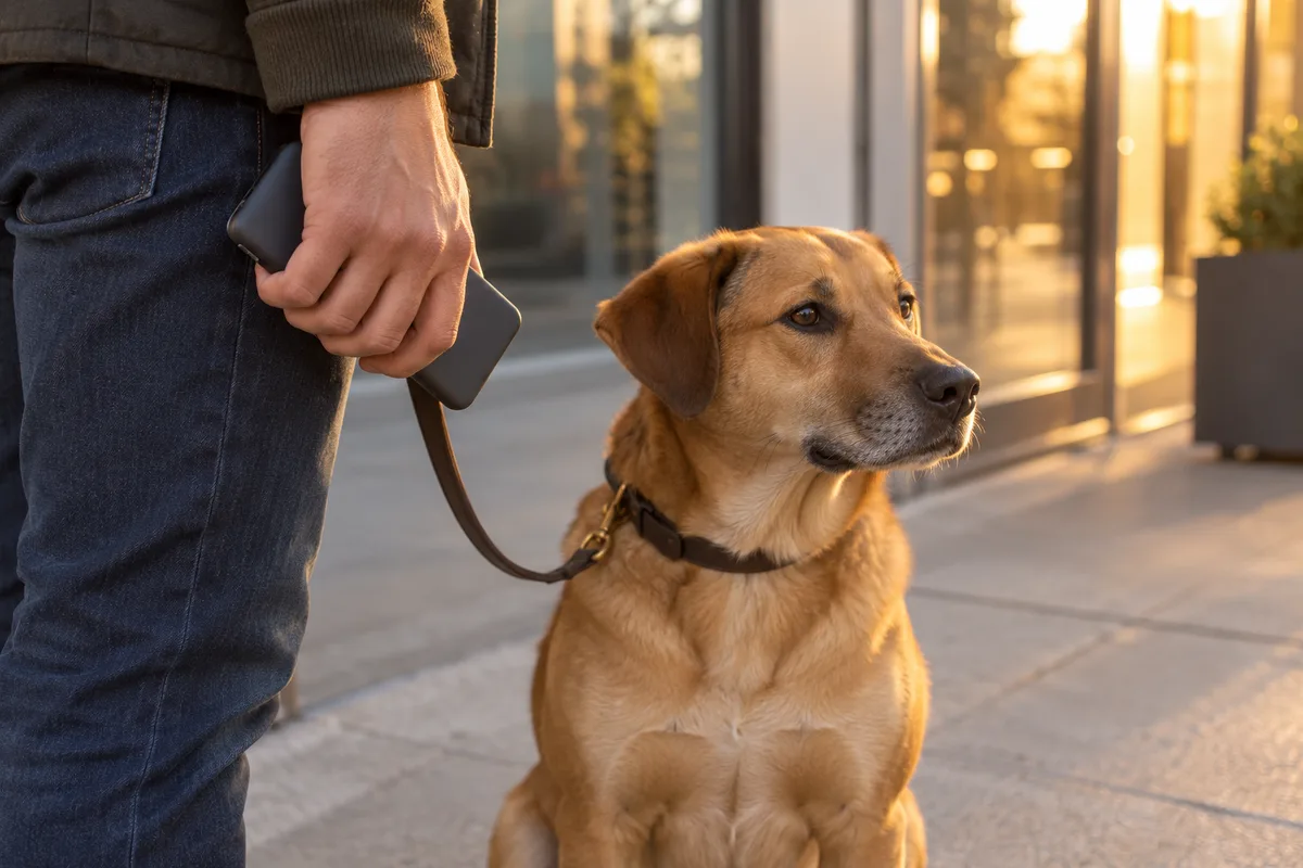 Main tenant un téléphone retourné, chien assis devant une porte vitrée