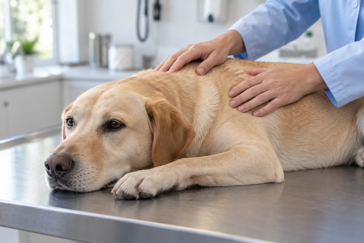 Mains d&rsquo;une soignante en blouse caressant un chien sur une table d&rsquo;examen
