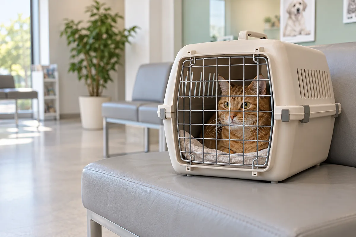Chat dans une cage de transport fermée sur une banquette