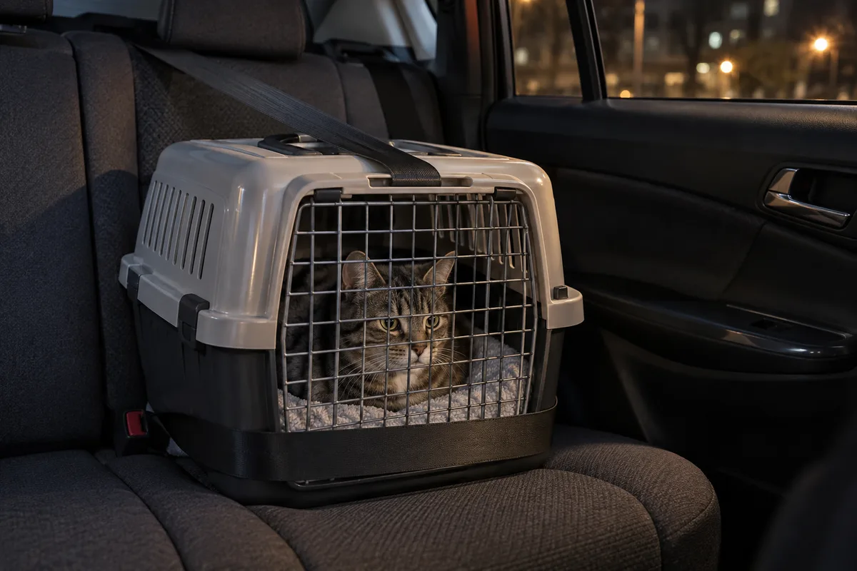 Chat dans une cage de transport fermée posée sur la banquette arrière d&rsquo;une voiture la nuit