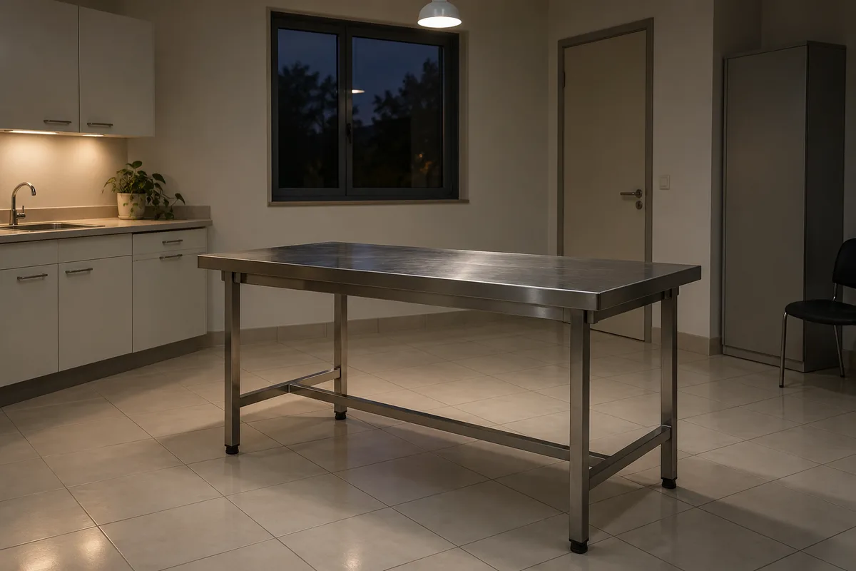 Table d&rsquo;examen vide en inox dans une salle de consultation en lumière basse