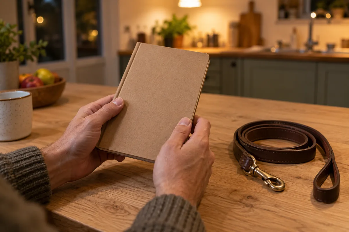 Mains tenant un carnet de santé fermé à côté d&rsquo;une laisse enroulée sur une table de cuisine le soir