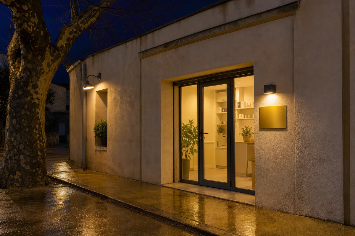 Façade de clinique vétérinaire éclairée la nuit avec plaque professionnelle